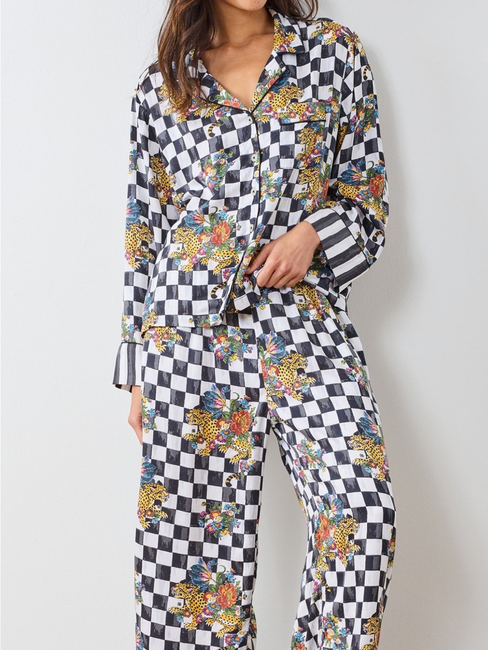 Printfresh Black & White Checker Floral Wide-Leg Pajama Pants - Picture 3 of 4